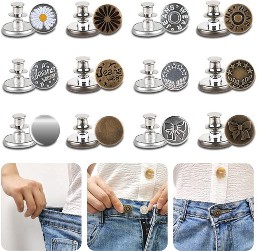 Jean Button Pins, 12 Set Adjustable Button Pins for Jeans, No Sew