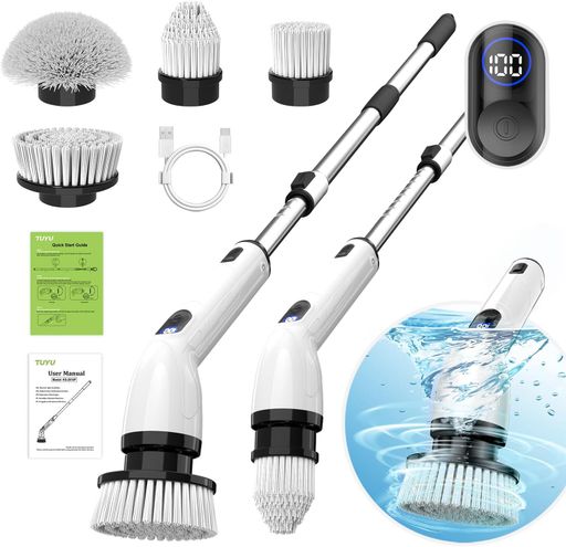 TUYU Electric Spin Scrubber, Cordless Cleaning Brush for Bathroom,Home | IPX7 waterproof power scrubber with LCD display, multi heads, extendable handle, 90min runtime for bathroom kitchen glass car : Health & Household