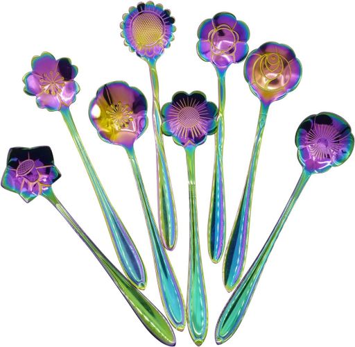 Flower Spoon Set-8pcs DGQ Teaspoon Coffee Spoon Creative Stirring Tea spoon | Rainbow Color Small Spoons Sugan Spoon for Tea,Coffee,Ice Cream Dessert - 8 Diffient Pattern Mini Flower Fancy Cutlery Set : Home & Kitchen