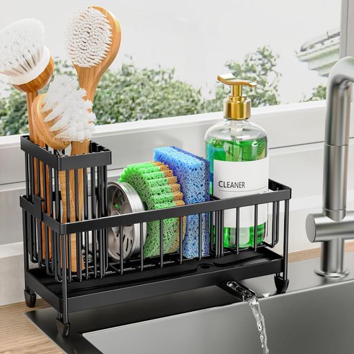 Cisily Sponge Holder for Kitchen Sink, Sink Organizer with Brush Holder | Kitchen Countertop Organizers and Storage Essentials, Rustproof 304 Stainless Steel (Black, 9.25″): Home & Kitchen